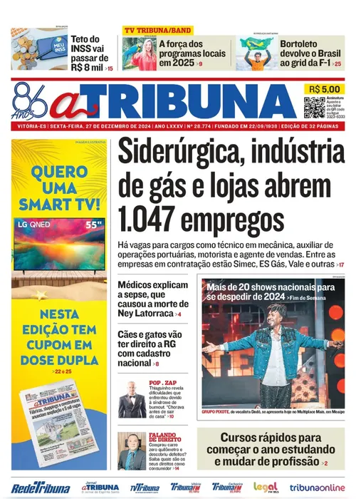 Imagem ilustrativa da imagem Confira os destaques do jornal A Tribuna desta sexta-feira