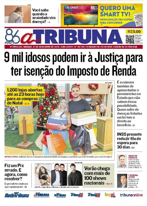 Imagem ilustrativa da imagem Confira os destaques do jornal A Tribuna deste sábado