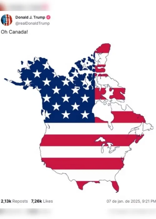 Imagem ilustrativa da imagem Trump publica nas redes sociais mapa em que Canadá aparece como parte dos EUA