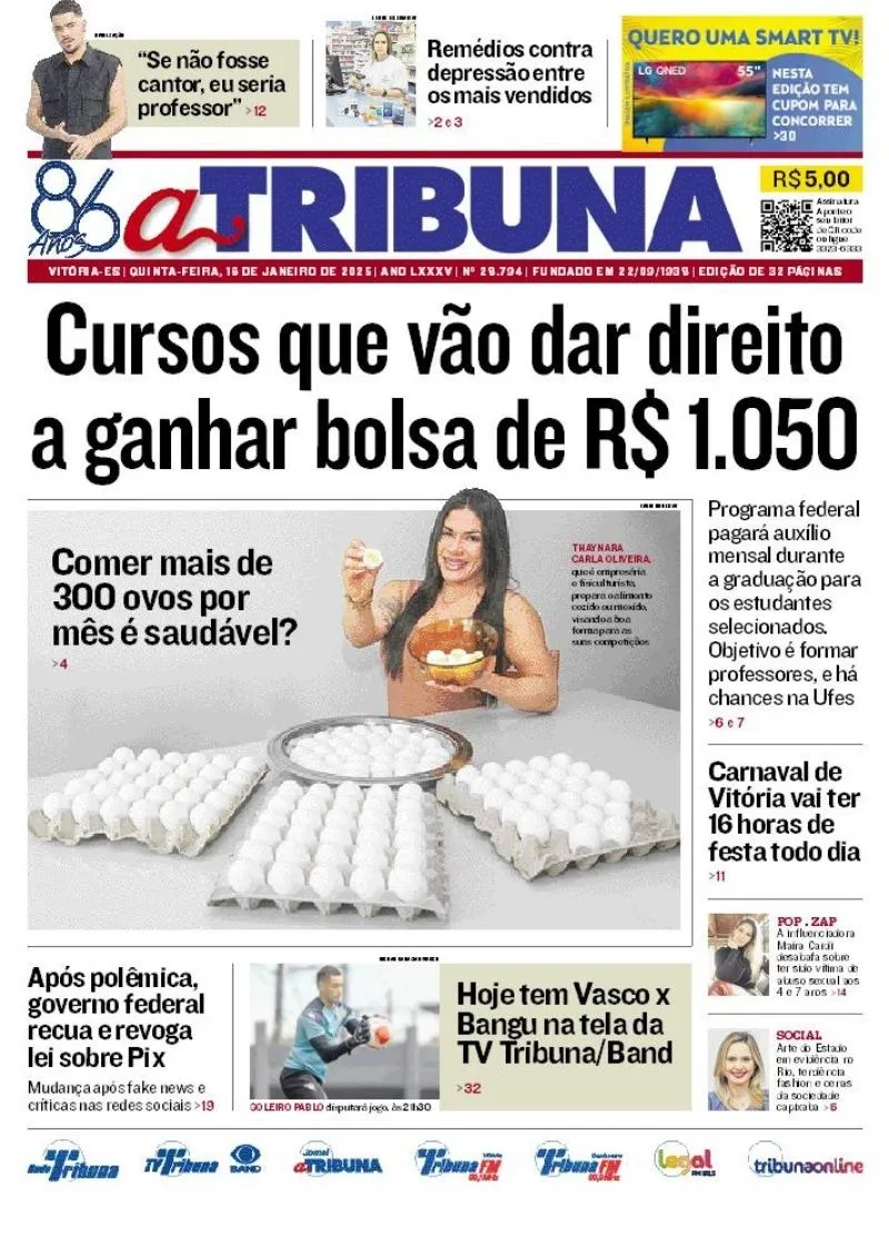 Imagem ilustrativa da imagem Confira os destaques do jornal A Tribuna desta quinta-feira