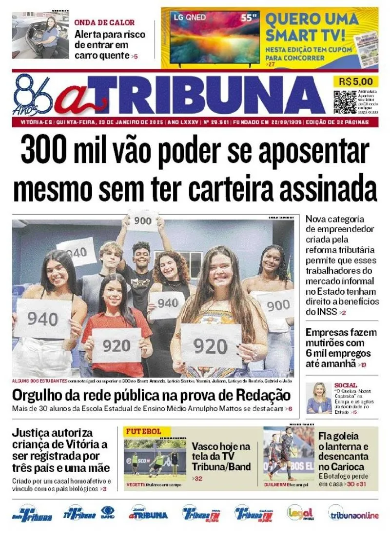 Imagem ilustrativa da imagem Confira os destaques do jornal A Tribuna desta quinta-feira