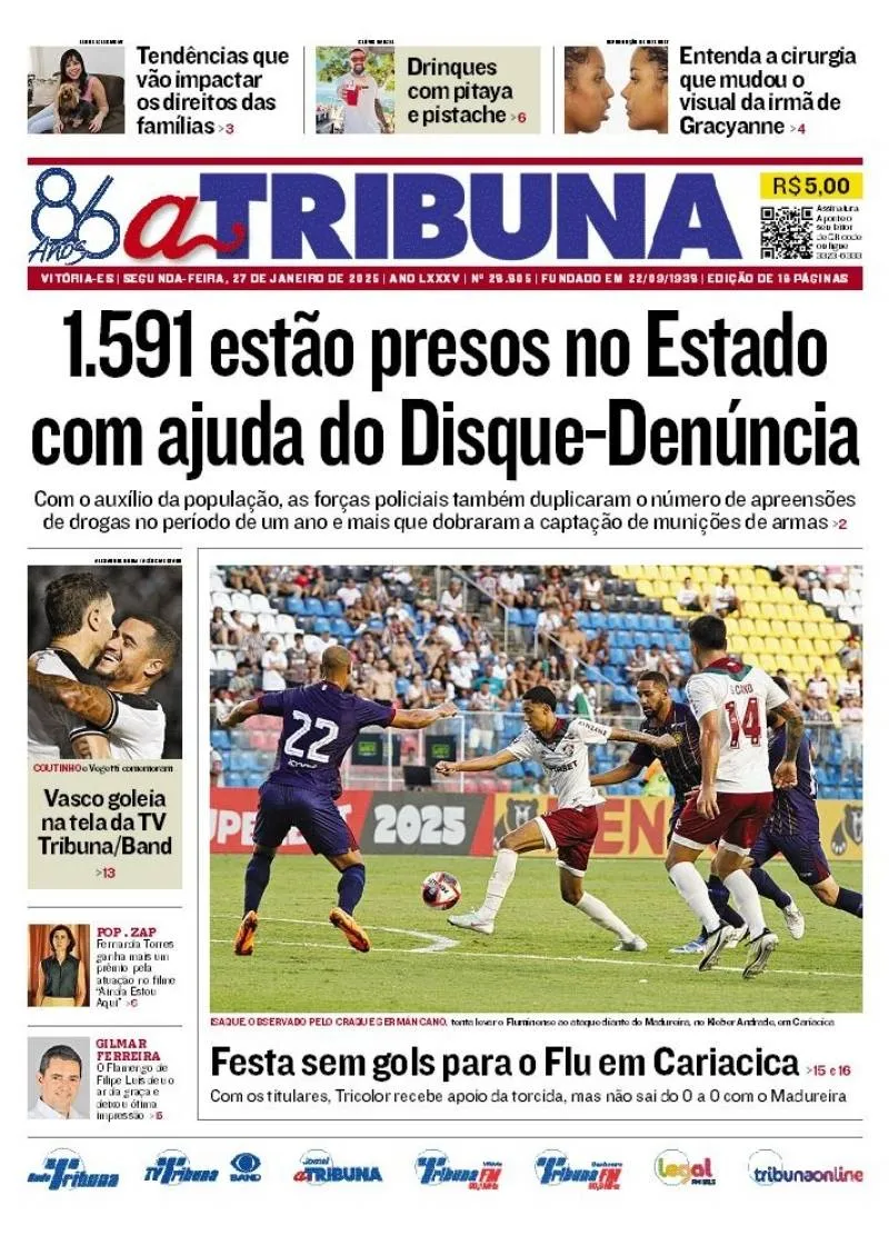 Imagem ilustrativa da imagem Confira os destaques do jornal A Tribuna desta segunda-feira