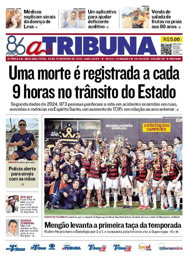 Imagem ilustrativa da imagem Confira os destaques do jornal A Tribuna desta segunda-feira