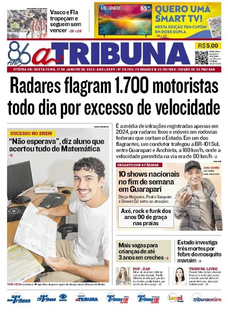 Imagem ilustrativa da imagem Confira os destaques do jornal A Tribuna desta sexta-feira