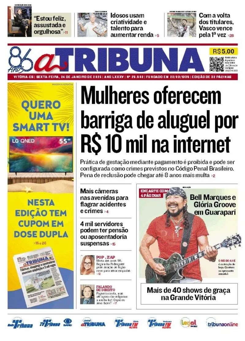 Imagem ilustrativa da imagem Confira os destaques do jornal A Tribuna desta sexta-feira