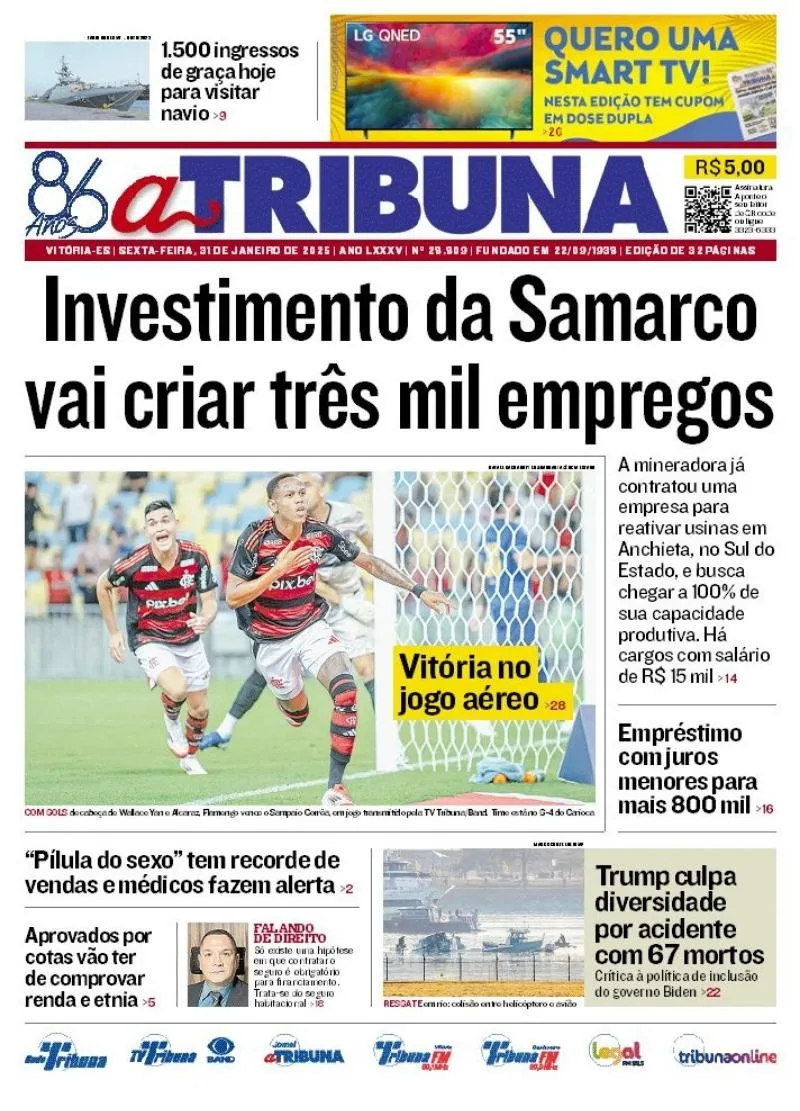 Imagem ilustrativa da imagem Confira os destaques do jornal A Tribuna desta sexta-feira