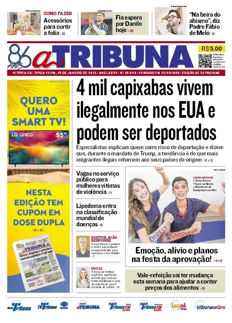 Imagem ilustrativa da imagem Confira os destaques do jornal A Tribuna desta terça-feira