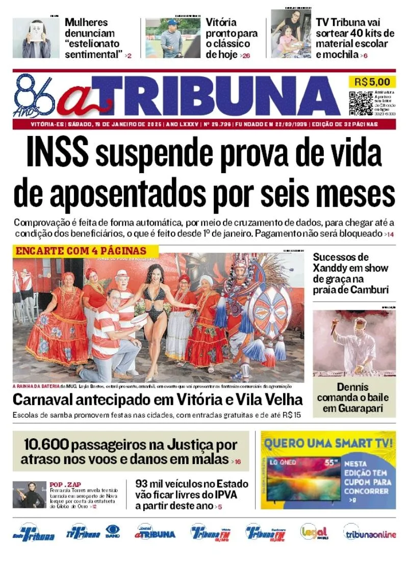 Imagem ilustrativa da imagem Confira os destaques do jornal A Tribuna deste sábado