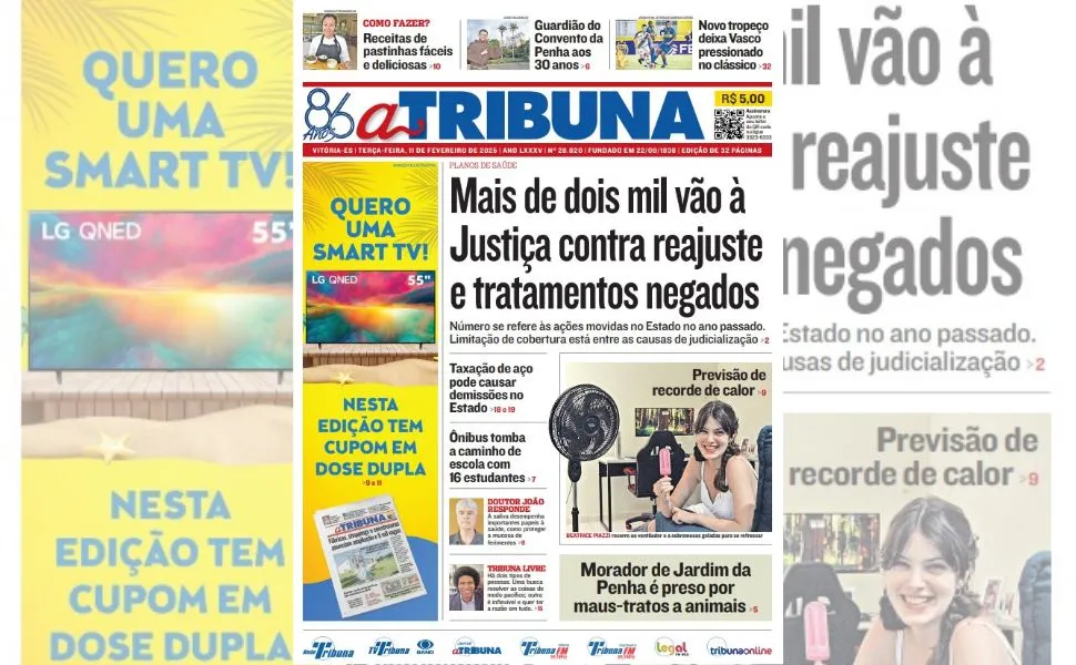 Imagem ilustrativa da imagem Confira os destaques do jornal A Tribuna desta terça-feira