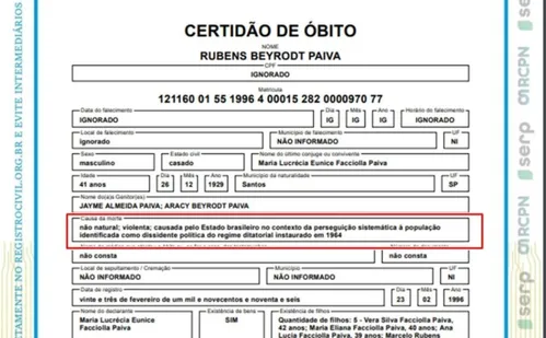 
          Imagem ilustrativa da imagem Certidão de óbito de Rubens Paiva corrigida diz que morte foi causada por Estado
          