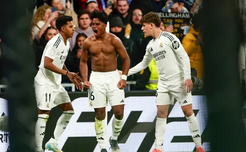 
          Imagem ilustrativa da imagem Endrick faz de calcanhar, Real Madrid espanta zebra e avança na Copa do Rei
          