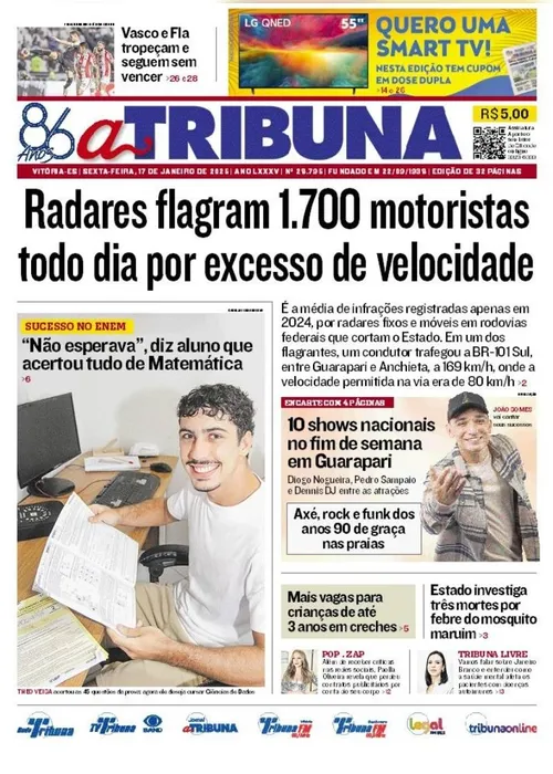 Imagem ilustrativa da imagem Confira os destaques do jornal A Tribuna desta sexta-feira