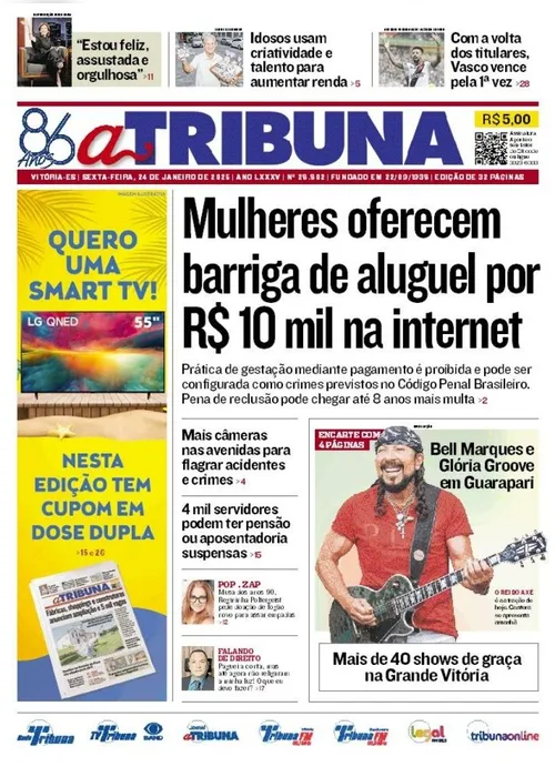 Imagem ilustrativa da imagem Confira os destaques do jornal A Tribuna desta sexta-feira