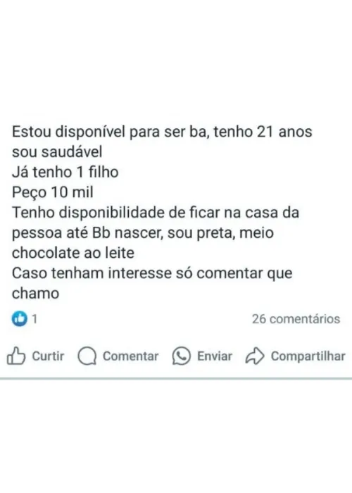 Imagem ilustrativa da imagem Mulheres oferecem barriga de aluguel por R$ 10 mil na internet