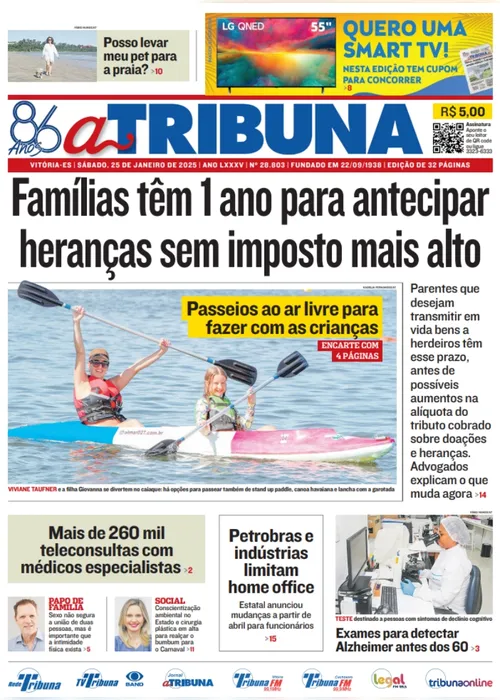 Imagem ilustrativa da imagem Veja os destaques do jornal A Tribuna deste sábado, dia 25 de janeiro