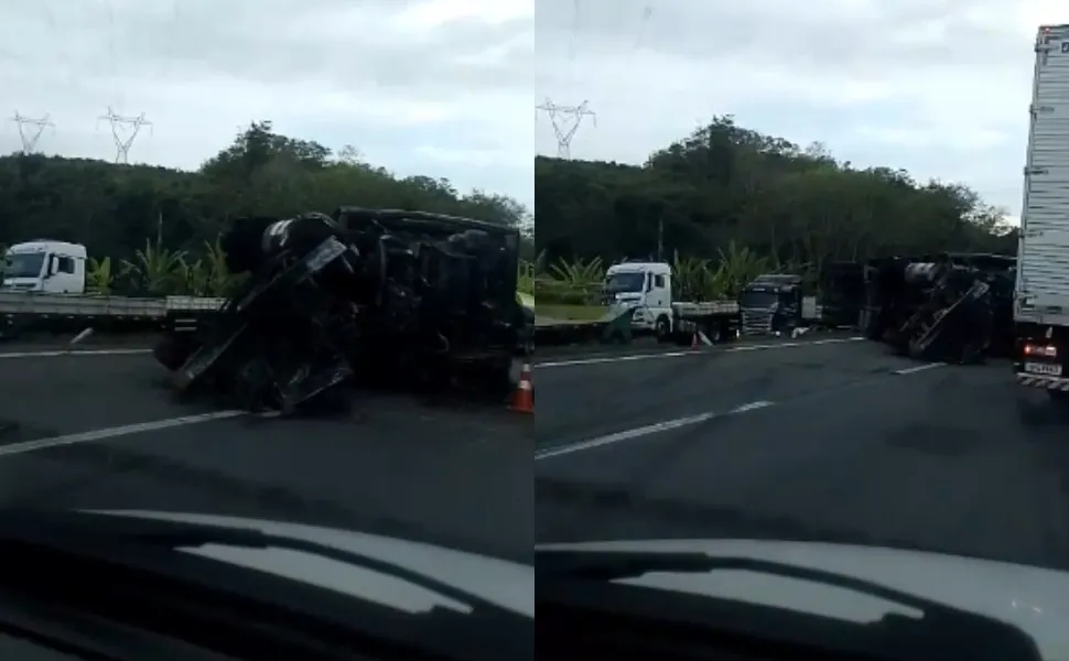 Imagem ilustrativa da imagem Acidente entre duas carretas causa morte e interdita pista na BR-101 em Vila Velha