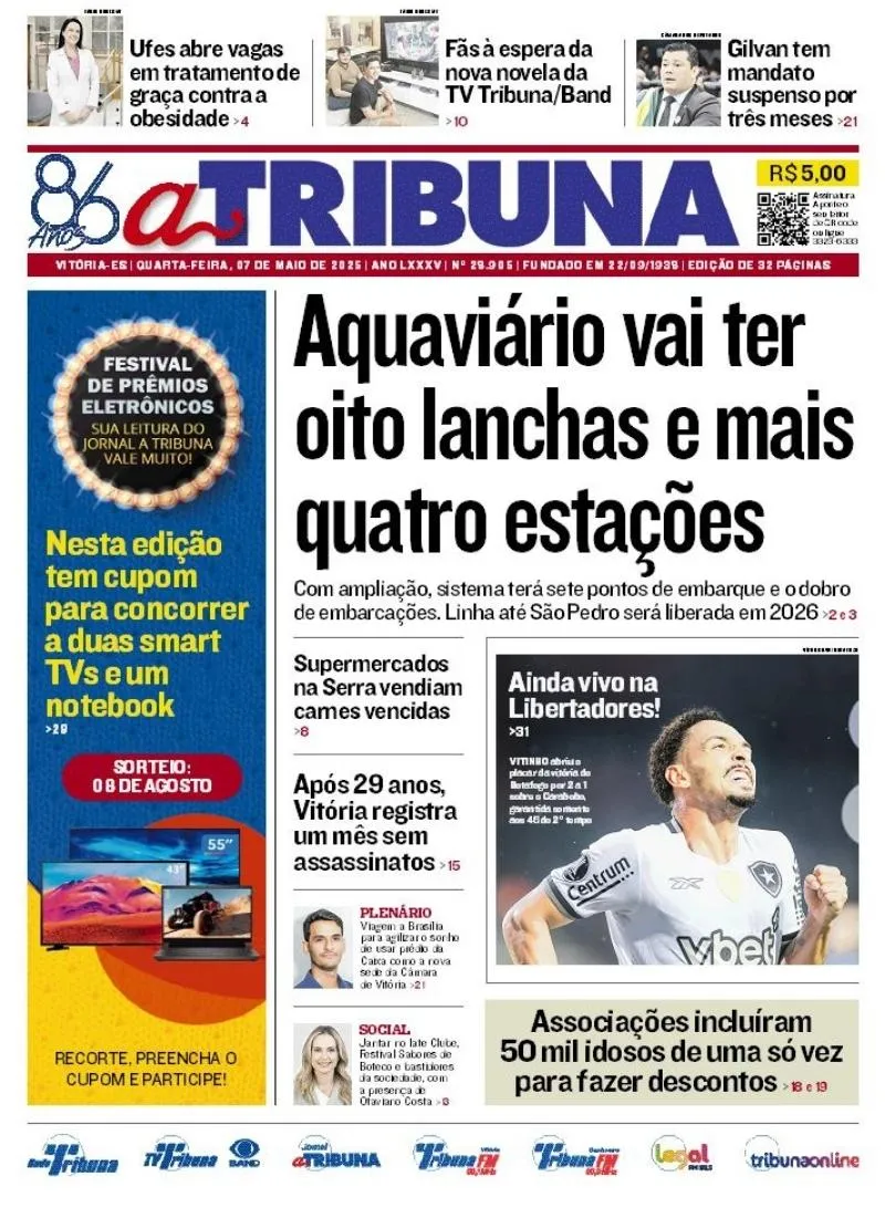 Imagem ilustrativa da imagem Confira os destaques do jornal A Tribuna desta quarta-feira
