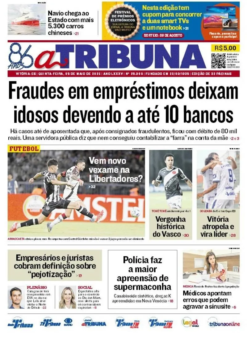 Imagem ilustrativa da imagem Confira os destaques do jornal A Tribuna desta quinta-feira