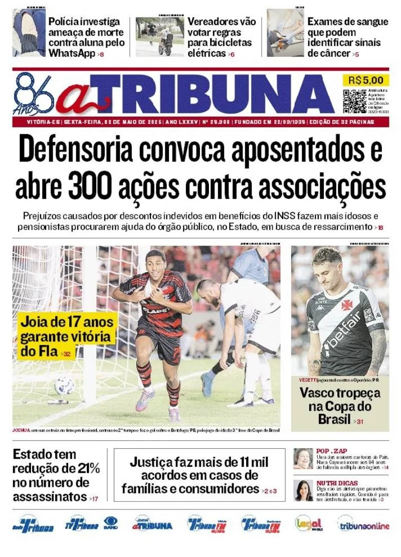 Imagem ilustrativa da imagem Confira os destaques do jornal A Tribuna desta sexta-feira