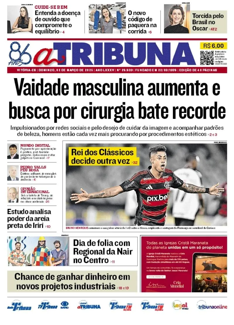 Imagem ilustrativa da imagem Confira os destaques do jornal A Tribuna deste domingo