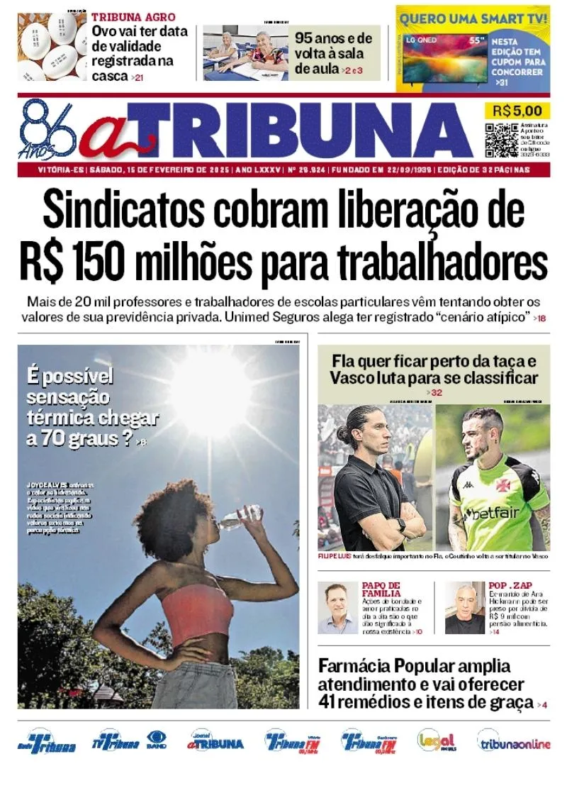 Imagem ilustrativa da imagem Confira os destaques do jornal A Tribuna deste sábado