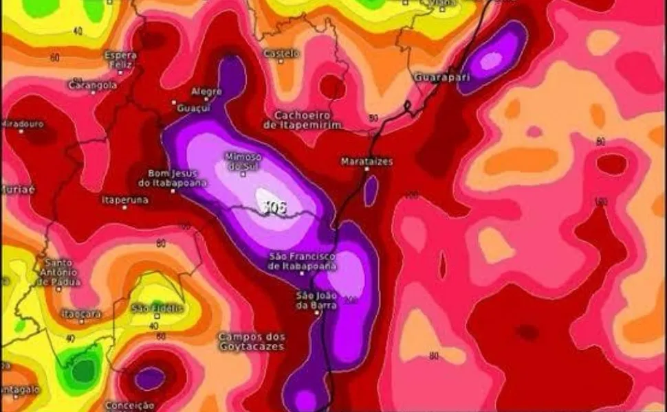 Imagem ilustrativa da imagem Mapa prevê tempestade com 300mm de chuva em Mimoso do Sul