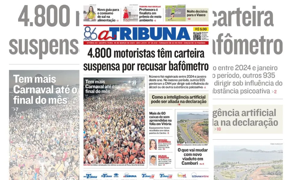 Imagem ilustrativa da imagem Confira os destaques do jornal A Tribuna desta quarta