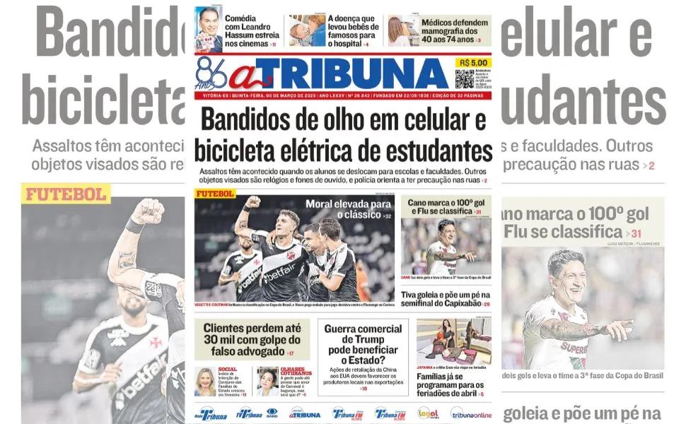 Imagem ilustrativa da imagem Confira os destaques do jornal A Tribuna desta quinta