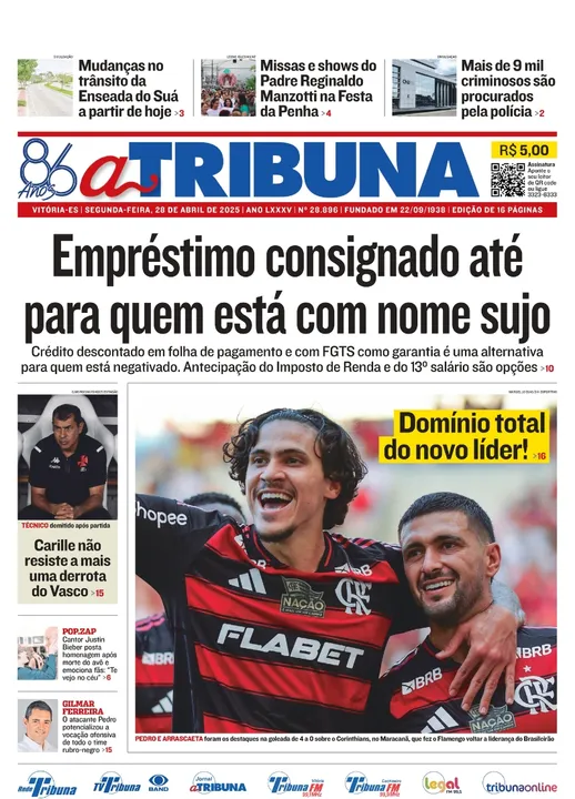 Imagem ilustrativa da imagem Confira os destaques do jornal A Tribuna desta segunda (28)