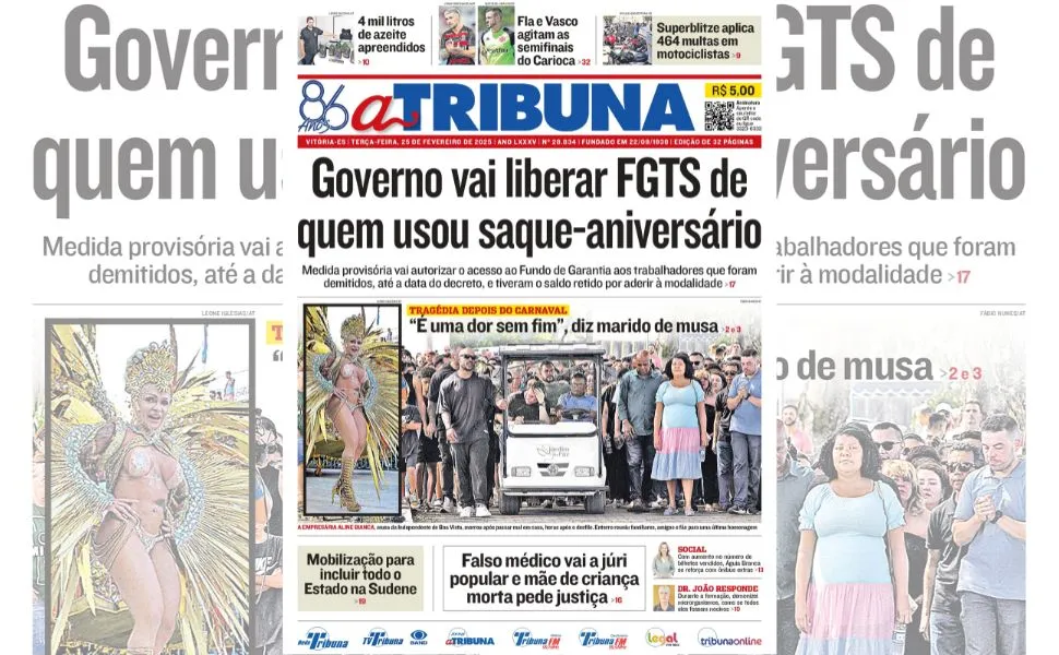 Imagem ilustrativa da imagem Confira os destaques do jornal A Tribuna desta terça