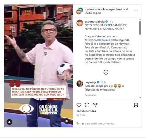 
          Imagem ilustrativa da imagem Neymar rebate crítica de Neto: ‘Falastrão da TV brasileira’
          