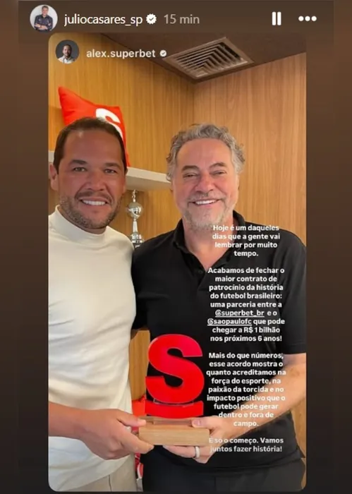 Imagem ilustrativa da imagem CEO da Superbet anuncia renovação com São Paulo até 2030 e diz que valor pode chegar a R$ 1 bilhão
