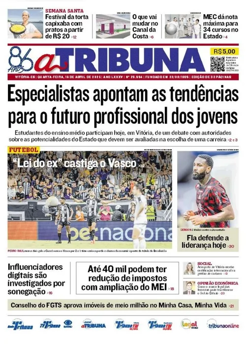Imagem ilustrativa da imagem Confira os destaques do jornal A Tribuna desta quarta-feira