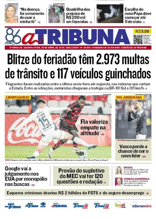 Imagem ilustrativa da imagem Confira os destaques do jornal A Tribuna desta quarta-feira