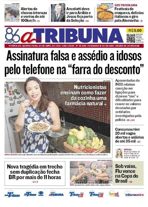 Imagem ilustrativa da imagem Confira os destaques do jornal A Tribuna desta quarta-feira