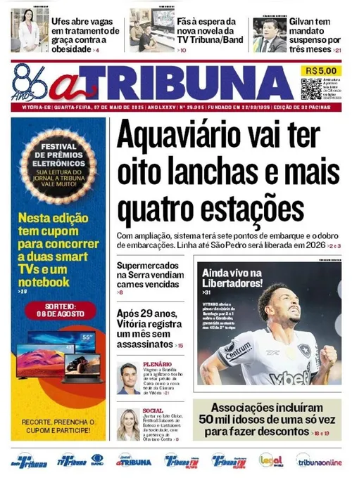 Imagem ilustrativa da imagem Confira os destaques do jornal A Tribuna desta quarta-feira