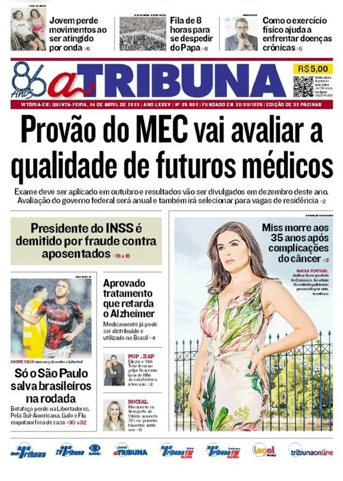 Imagem ilustrativa da imagem Confira os destaques do jornal A Tribuna desta quinta-feira