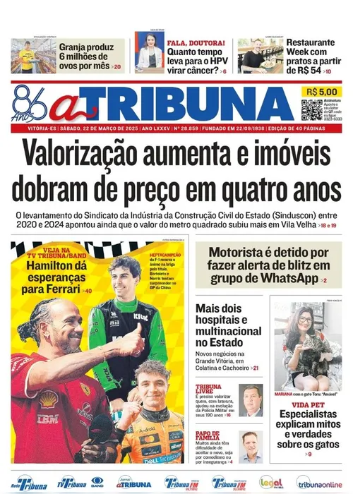 Imagem ilustrativa da imagem Confira os destaques do jornal A Tribuna desta sábado