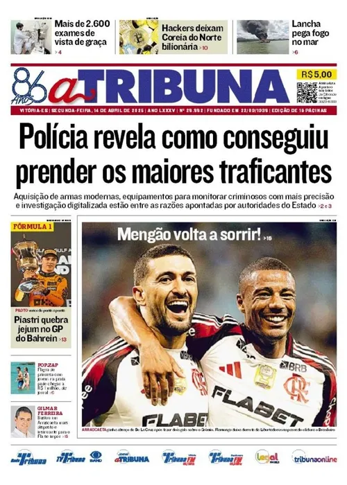 Imagem ilustrativa da imagem Confira os destaques do jornal A Tribuna desta segunda-feira