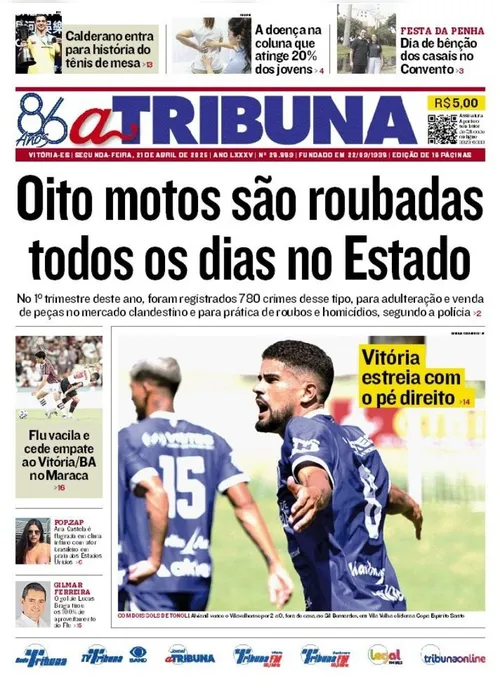 Imagem ilustrativa da imagem Confira os destaques do jornal A Tribuna desta segunda-feira