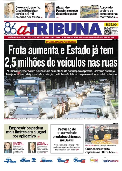 Imagem ilustrativa da imagem Confira os destaques do jornal A Tribuna desta sexta-feira
