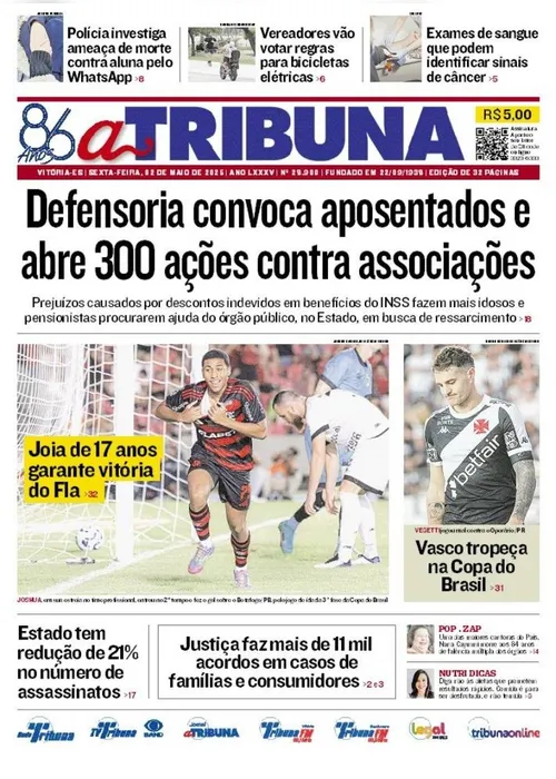 Imagem ilustrativa da imagem Confira os destaques do jornal A Tribuna desta sexta-feira