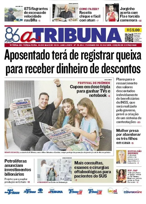 Imagem ilustrativa da imagem Confira os destaques do jornal A Tribuna desta terça-feira