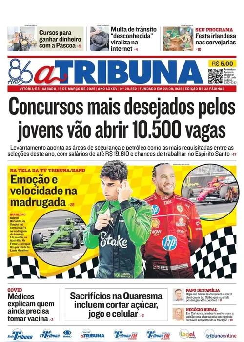 Imagem ilustrativa da imagem Confira os destaques do jornal A Tribuna deste sábado