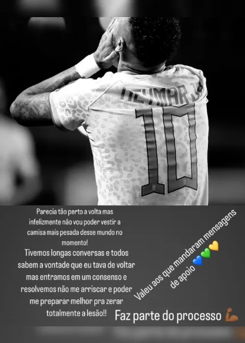 Imagem ilustrativa da imagem Neymar comenta corte da seleção por lesão e diz que preferiu não se arriscar