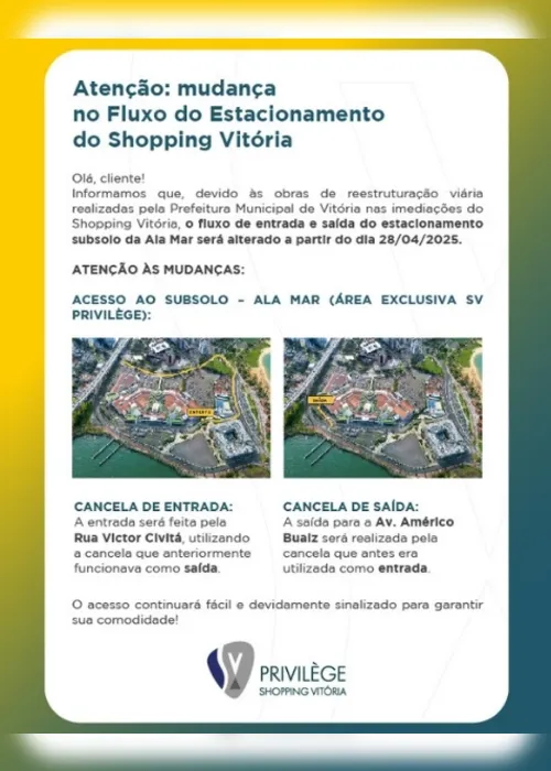 Imagem ilustrativa da imagem Shopping Vitória passará por mudanças no fluxo do estacionamento; veja quando