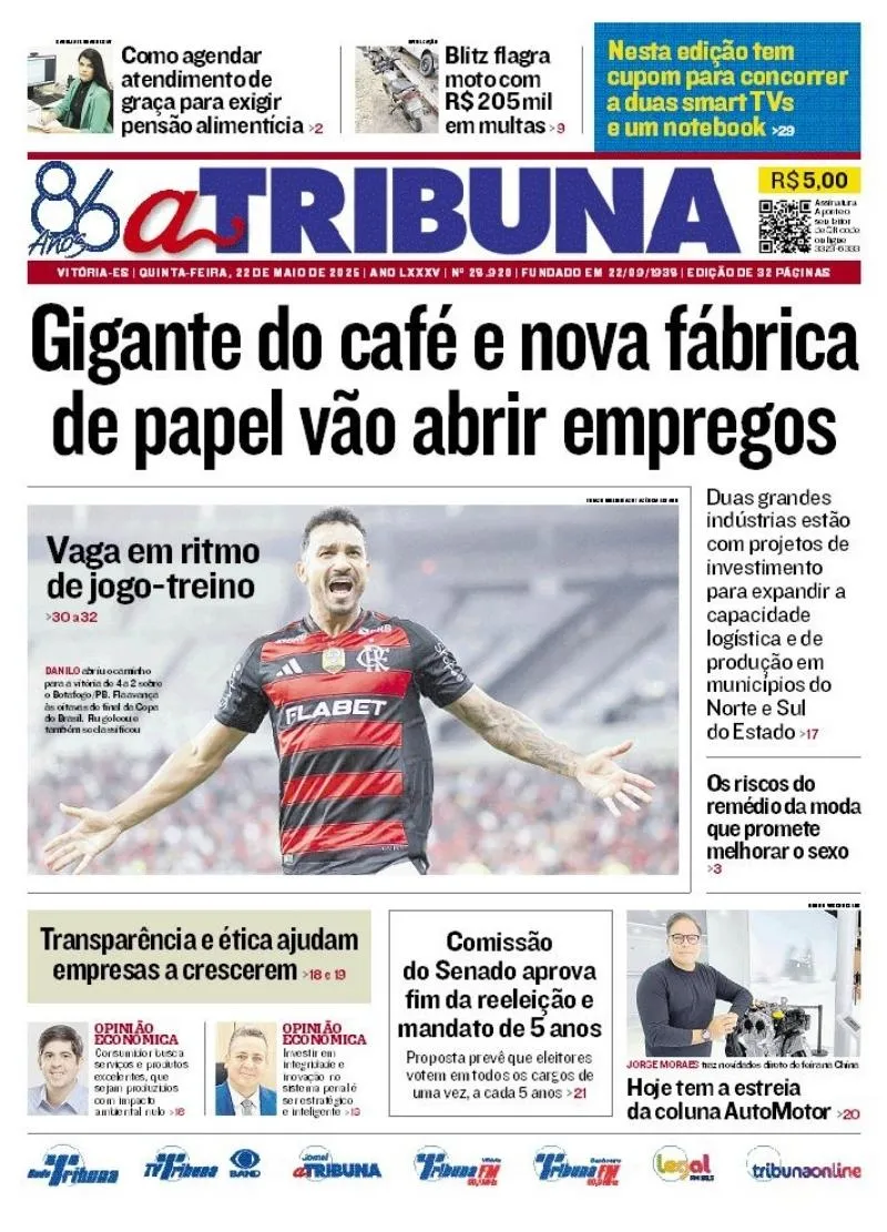 Imagem ilustrativa da imagem Confira os destaques do jornal A Tribuna desta quinta-feira, 22 de maio