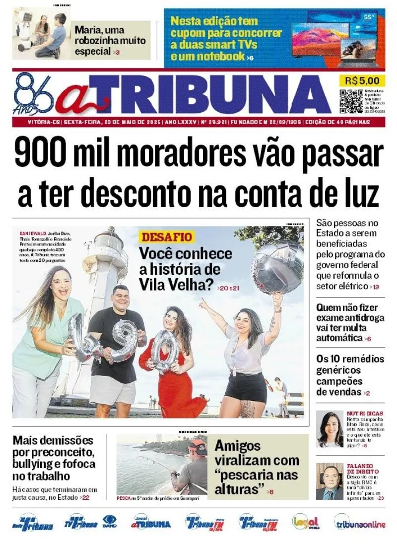 Imagem ilustrativa da imagem Confira os destaques do jornal A Tribuna desta sexta-feira, 23 de maio
