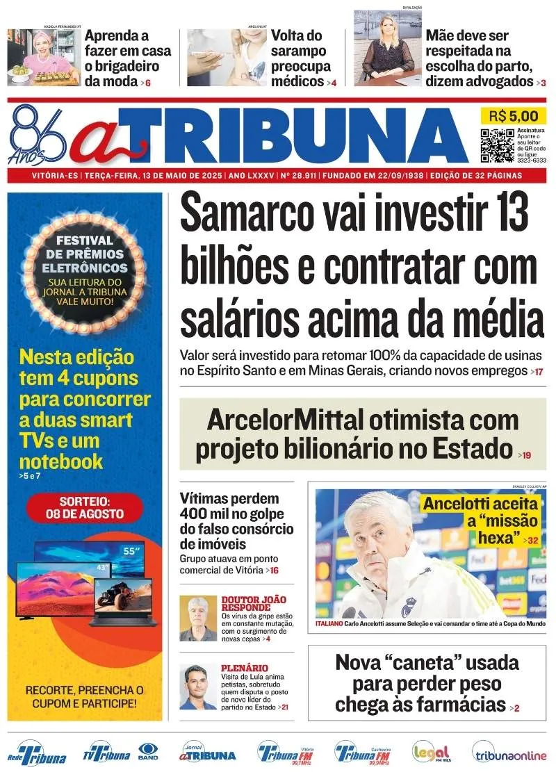 Imagem ilustrativa da imagem Confira os destaques do jornal A Tribuna desta terça-feira (13)