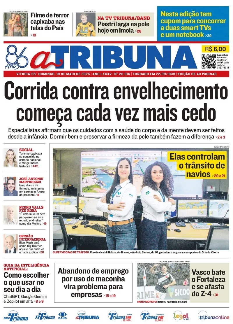 Imagem ilustrativa da imagem Confira os destaques do jornal A Tribuna deste domingo (18)